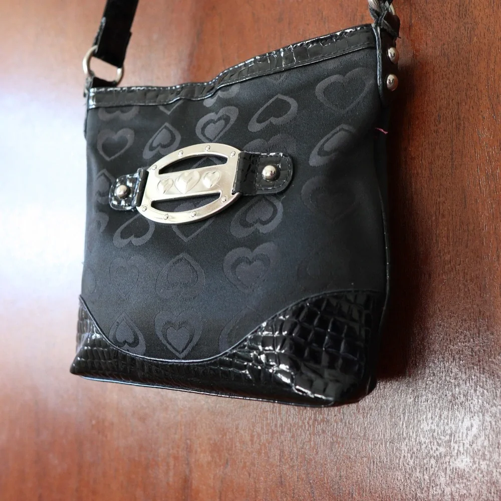 Black Hearts Pattern Y2K Crocodile Crossbody Shoulder Bag‎ Silver Buckle Vintage